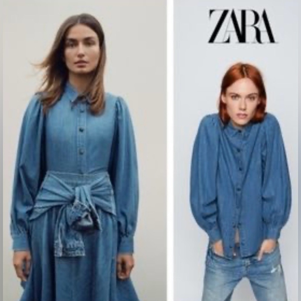ZARA Women's Denim Button-Up Blouse in Medium Blue